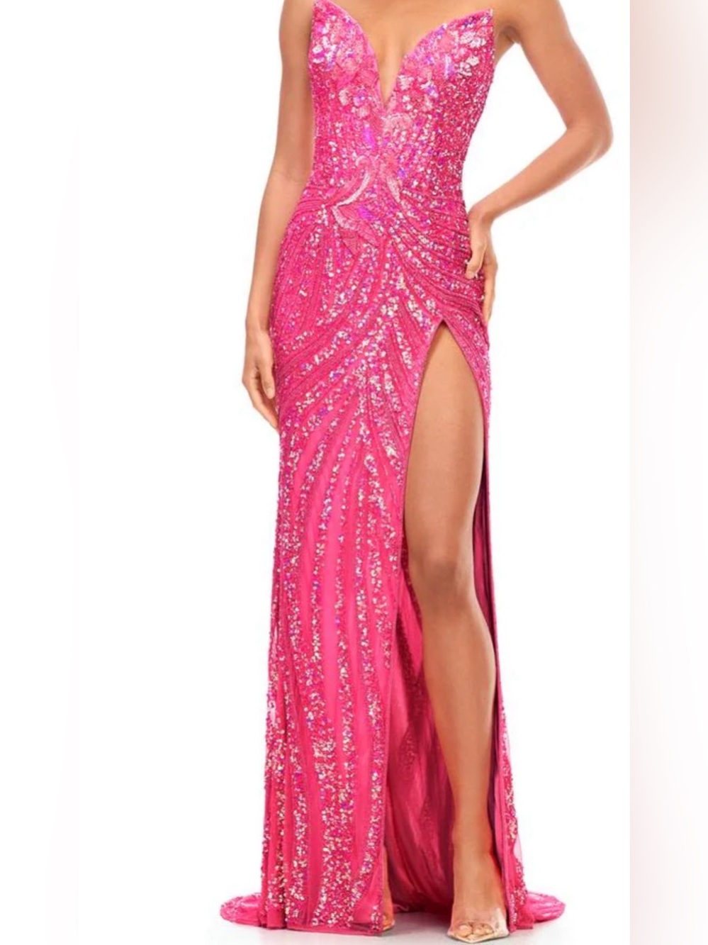 Ashley Lauren, #11236 Strapless Bright Pink Floral Sequin Gown. Women Size 16 - Picture 4 of 14